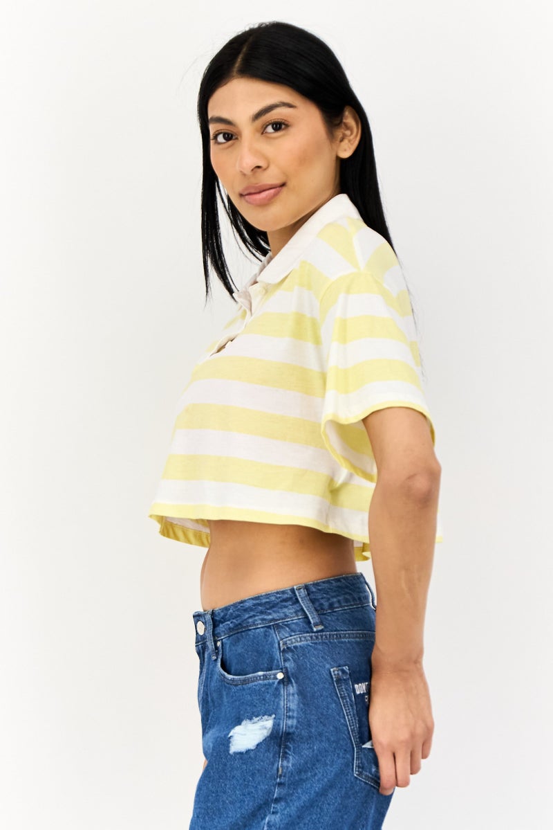 ONLY Women Regular Fit Short Sleeves Stripe Cropped Polo Shirt, Multicolor  - Image 3