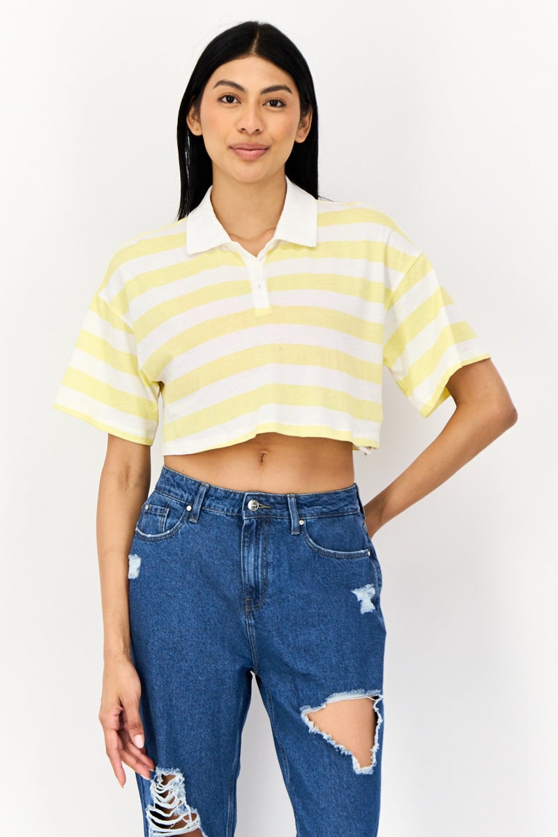 ONLY Women Regular Fit Short Sleeves Stripe Cropped Polo Shirt, Multicolor  - Image 1