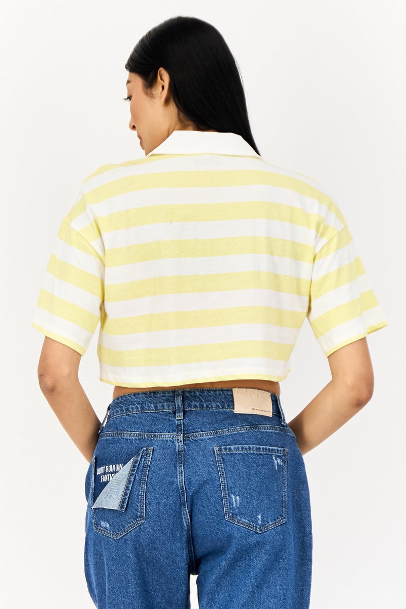ONLY Women Regular Fit Short Sleeves Stripe Cropped Polo Shirt, Multicolor  - Image 2