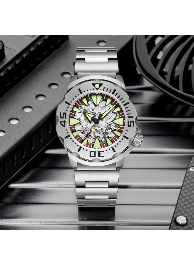 ADDIESDIVE Self-Wind Skeleton Automatic Watches for Man Silver Mechanical Hollow Dial Waterproof 200 M Synthetic Sapphire Analog Dive Watch, 2103-8N24red - Image 5