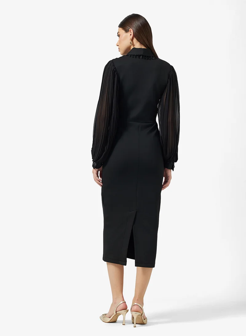 FYOR Elegant Long Sleeve Black Pencil Dress with Ruffled Drape Detail