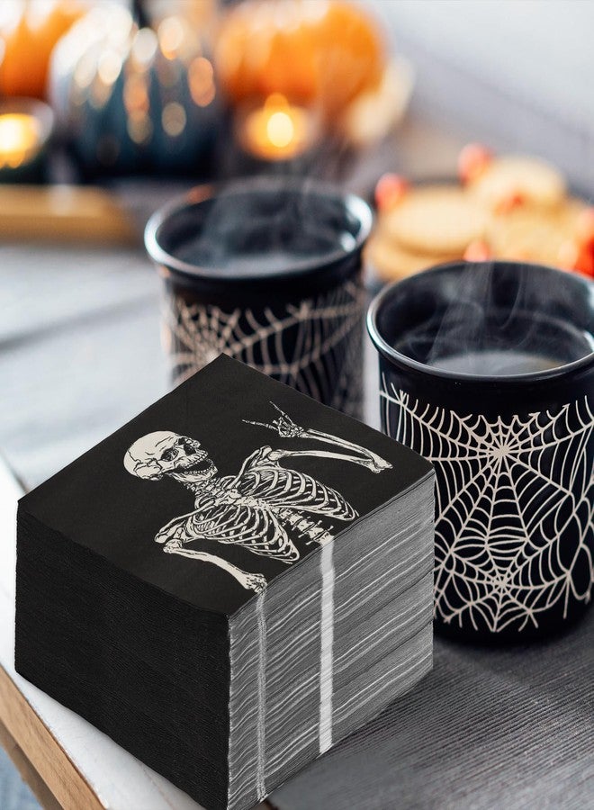 JarThenaAMCS جارثينا AMCS 100 قطعة من مناديل الهالوين الورقية ابتسامة هيكل عظمي مناديل غداء سوداء مناديل يد للعشاء لوازم الحفلات المنزلية ديكور الطاولة - Image 4