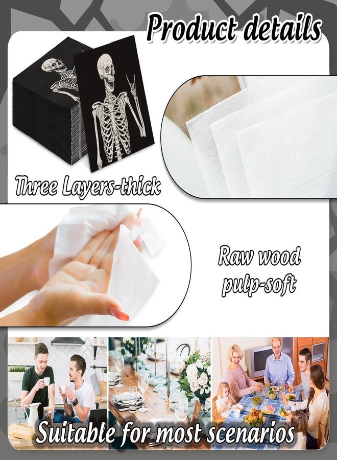 JarThenaAMCS جارثينا AMCS 100 قطعة من مناديل الهالوين الورقية ابتسامة هيكل عظمي مناديل غداء سوداء مناديل يد للعشاء لوازم الحفلات المنزلية ديكور الطاولة - Image 3