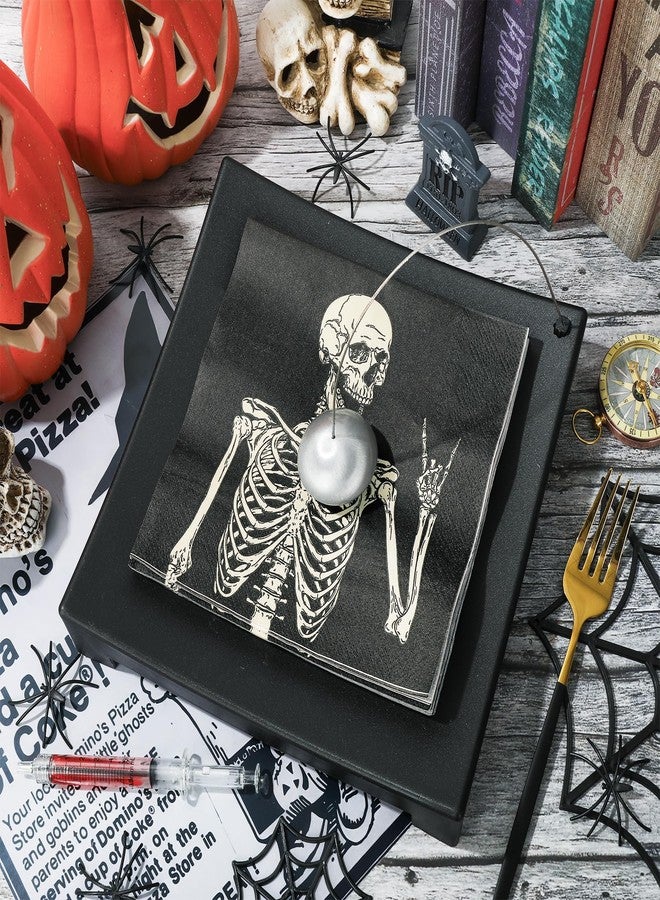 JarThenaAMCS جارثينا AMCS 100 قطعة من مناديل الهالوين الورقية ابتسامة هيكل عظمي مناديل غداء سوداء مناديل يد للعشاء لوازم الحفلات المنزلية ديكور الطاولة - Image 5