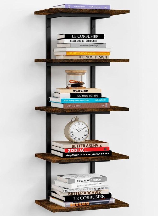 Harwaya 5 Tier Wall Bookshelf Unit for Bedroom Books, Large Floating Book Shelves Wall Mounted, Rustic Wood Lack Tiered Hanging Shelf for Kitchen Office Living Room Corner (Dark Brown) - Image 1