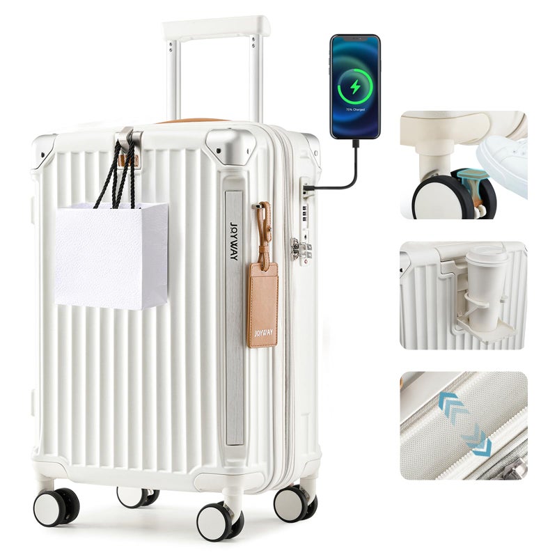 Joyway Carry On Luggage, Expandable Suitcase with Smart Cup Holder and USB Port, 20 IN Hardside Checked with TSA Lock Spinner Double Wheels, White - Image 1