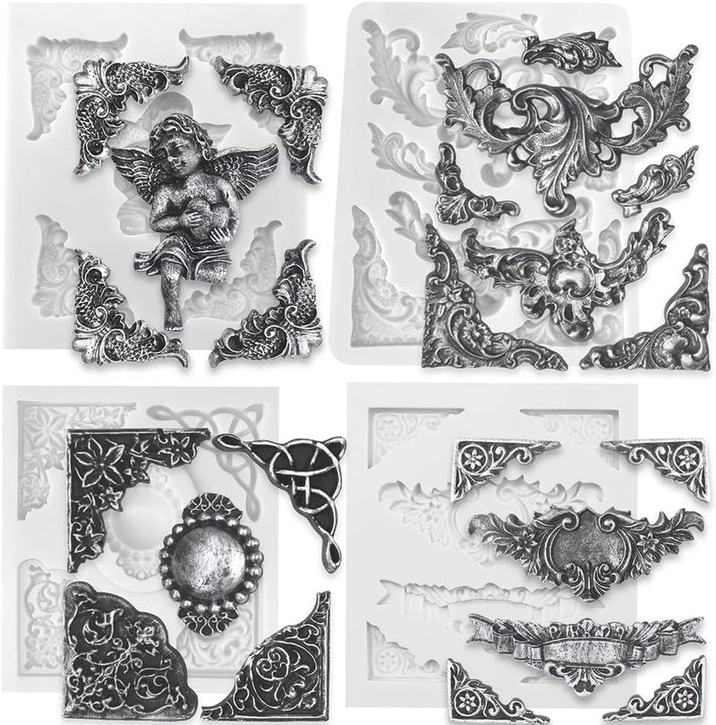 FUNSHOWCASE Angel Tag Frame Corner Scrollwork Fondant Silicone Mold for Cake Decoration, Polymer Clay Crafting Projects 4-Count - Image 1