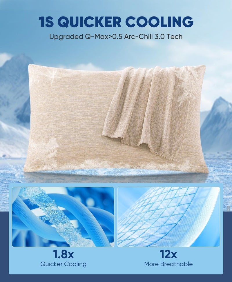 LUXEAR Cooling Pillowcases Queen Size, 2 Pack Cooling Pillow Cover with Japanese Q-Max 0.45 Arc-Chill Cooling Fiber, Breathable, Soft, Eco-Friendly, Hidden Zipper Design - (20x30 in)-Beige - Image 2