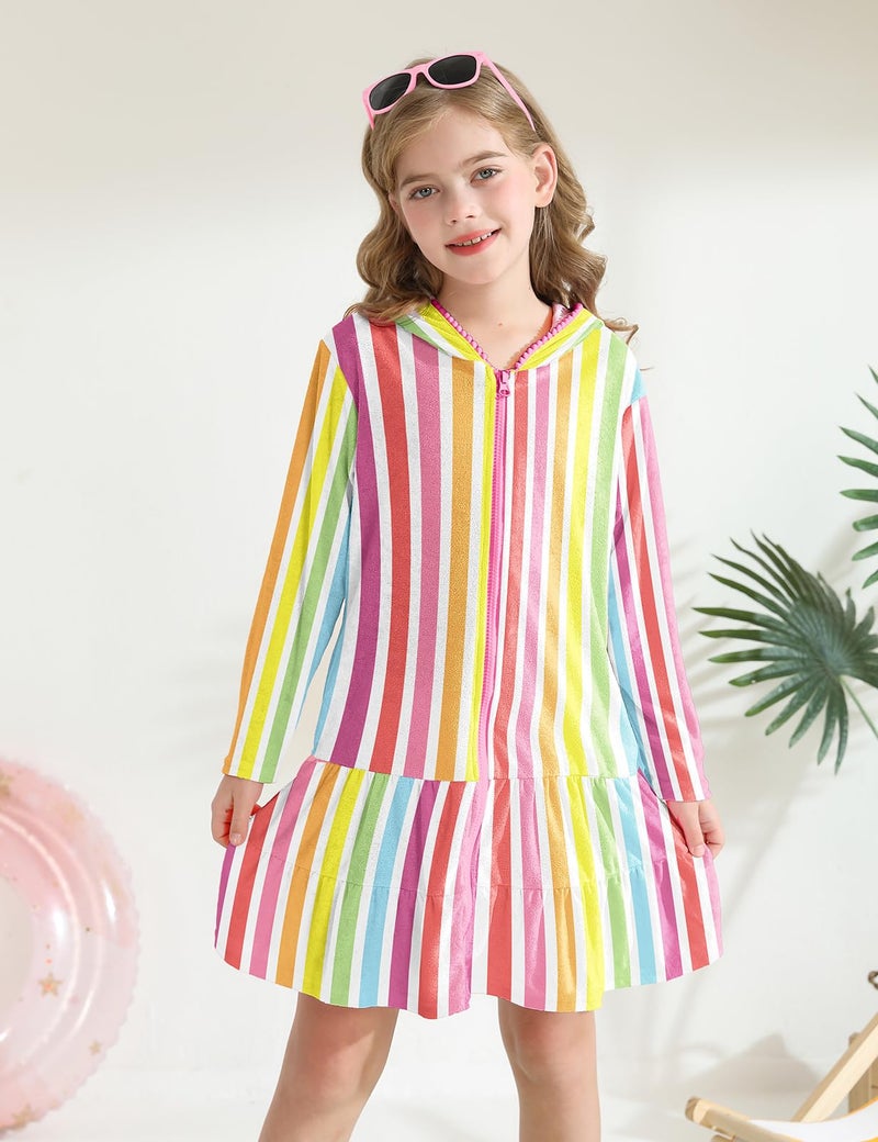 LUCKYGAL Girls Swim Cover Up Kids Swimsuit Coverup Striped Long Sleeve Zip-Up Beach Pool Clothes, Size 6 7 - Image 2