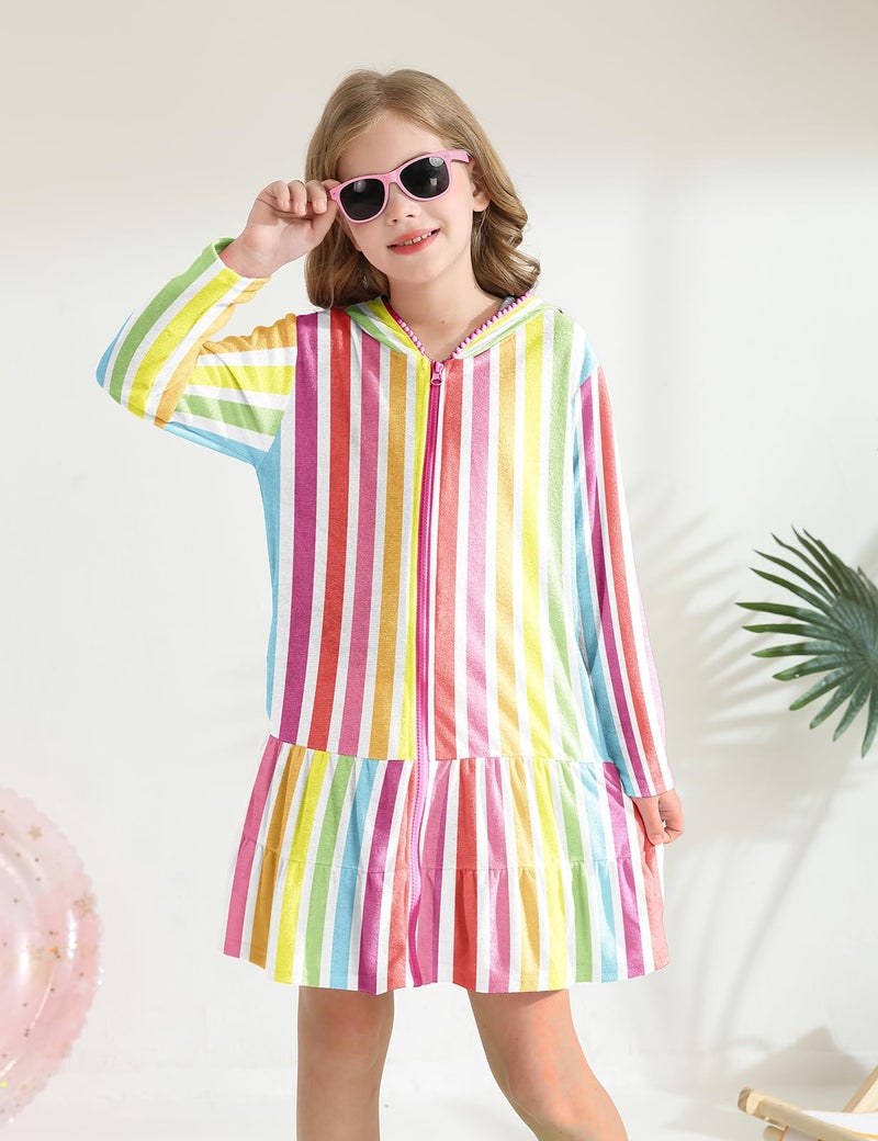 LUCKYGAL Girls Swim Cover Up Kids Swimsuit Coverup Striped Long Sleeve Zip-Up Beach Pool Clothes, Size 6 7 - Image 3