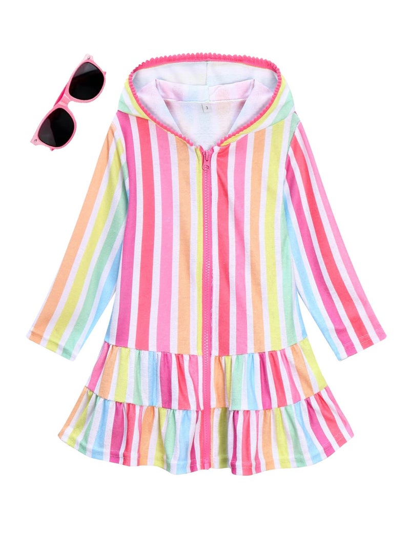 LUCKYGAL Girls Swim Cover Up Kids Swimsuit Coverup Striped Long Sleeve Zip-Up Beach Pool Clothes, Size 6 7 - Image 1