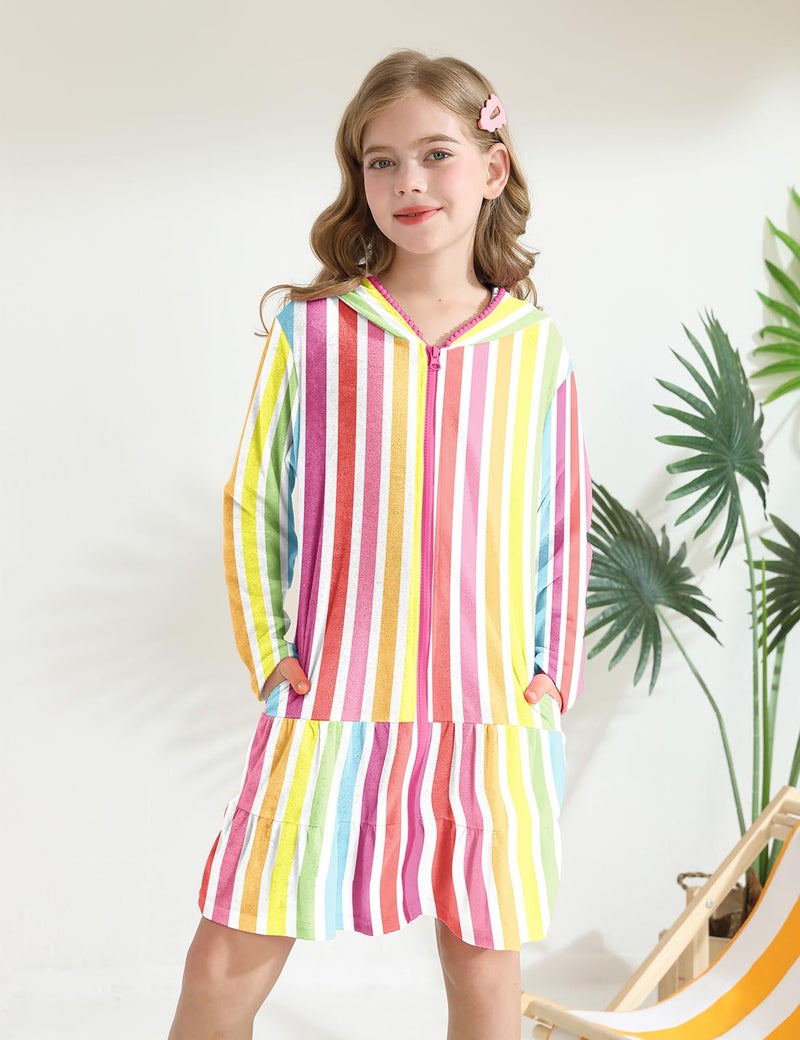 LUCKYGAL Girls Swim Cover Up Kids Swimsuit Coverup Striped Long Sleeve Zip-Up Beach Pool Clothes, Size 6 7 - Image 5