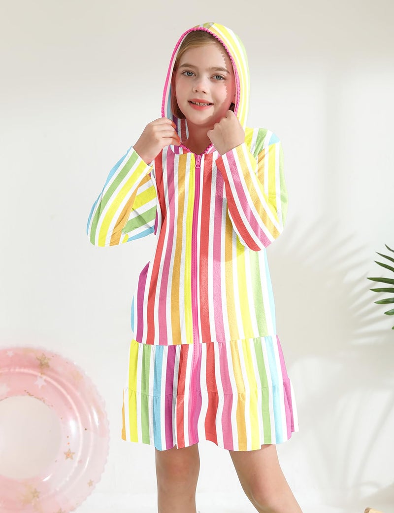 LUCKYGAL Girls Swim Cover Up Kids Swimsuit Coverup Striped Long Sleeve Zip-Up Beach Pool Clothes, Size 6 7 - Image 4