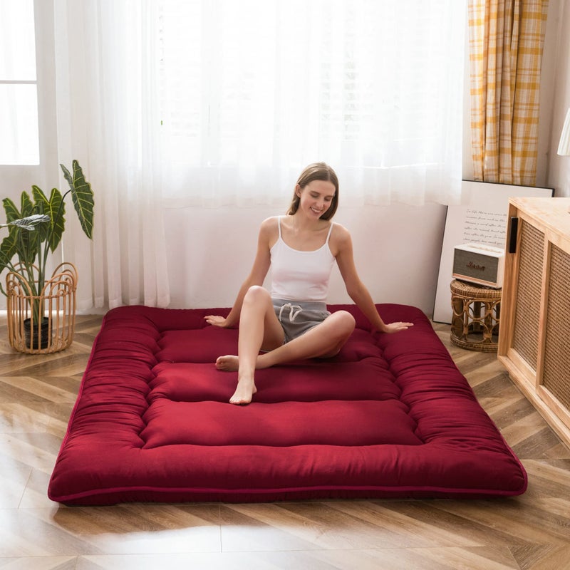 MAXYOYO MAXYOYO Japanese Floor Mattress Futon Mattress Thicken Sleeping Pad Foldable Roll Up Floor Futon for Adults Tatami Mat Dormitory Bed Lounger Burgundy Full Size 