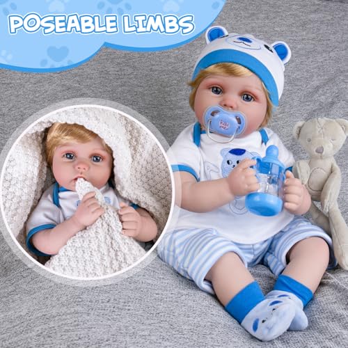 Aori Reborn Baby Boy Doll - 22 Inch Lifelike Realistic Newborn - Handmade Weighted Baby Dolls with Soft Cloth Body Cuddly Reborn Toddler for Kids 3+ | Realistic Boy Doll Gift Set - Image 3