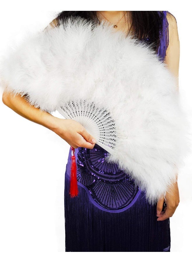 Happy Feather Handheld Marabou Feather Fan, 1920s Vintage Style Flapper Hand Fan for Costume Party and Dancing-White - Image 1