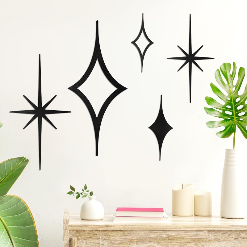 Yaocom 5 Pieces Mid Century Wall Decor Black Metal Vintage Starburst Retro Decor Mcm Wall Art Sculpture Mid Century Elegance Accents Diamond Star Bursts Vintage Style Home Decoration - Image 2