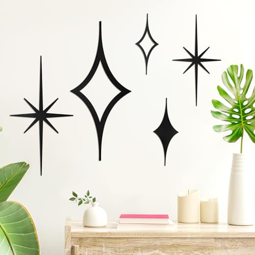 Yaocom 5 Pieces Mid Century Wall Decor Black Metal Vintage Starburst Retro Decor Mcm Wall Art Sculpture Mid Century Elegance Accents Diamond Star Bursts Vintage Style Home Decoration - Image 1