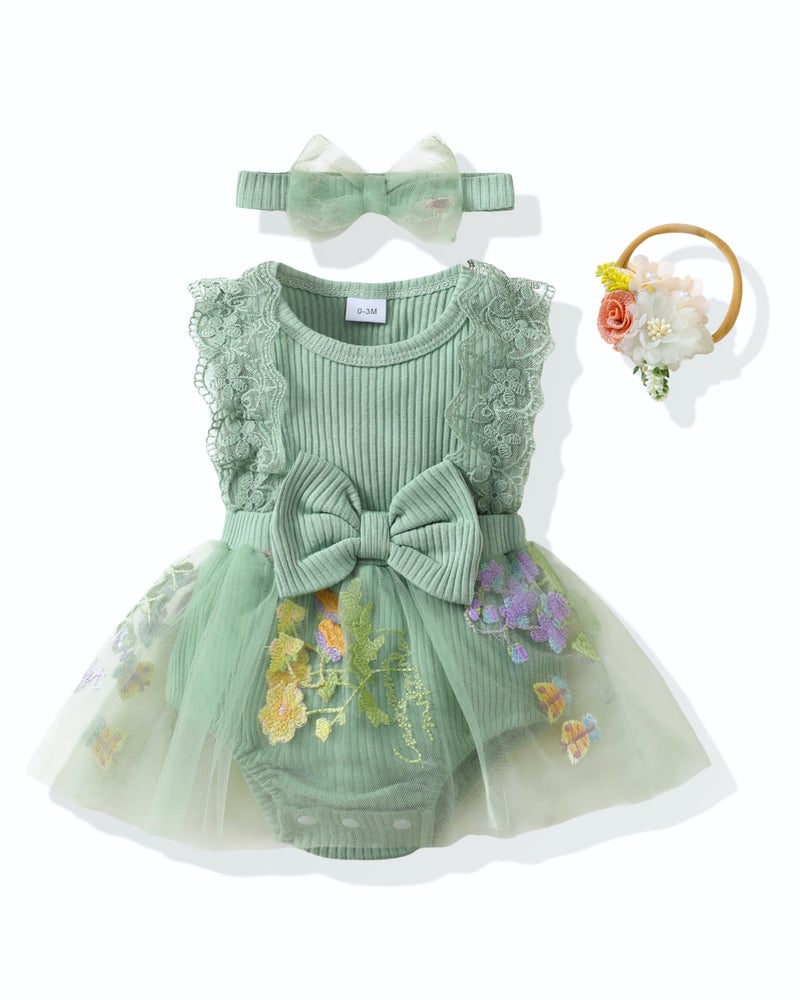 Renotemy Preemie Baby Girl Sage Green Romper Flower Tulle Dress Boho Summer Sleeveless Premature Baby Clothes Girl Baptism Wedding Party Christening Dresses Baby Shower Gifts Photography Outfit - Image 2