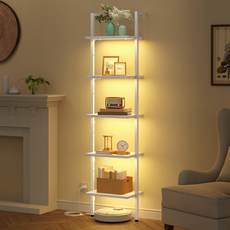 Tajsoon 5 Tier Ladder Bookshelf with Light, Wall Mounted Book Shelf, Wooden Wall Mounted Ladder Bookshelf with Metal Frame, Industrial Ladder Shelf for Office, Living Room, Bedroom, White - Image 1