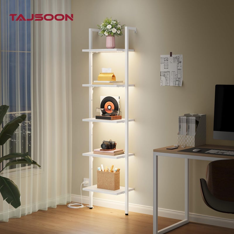 Tajsoon 5 Tier Ladder Bookshelf with Light, Wall Mounted Book Shelf, Wooden Wall Mounted Ladder Bookshelf with Metal Frame, Industrial Ladder Shelf for Office, Living Room, Bedroom, White - Image 3