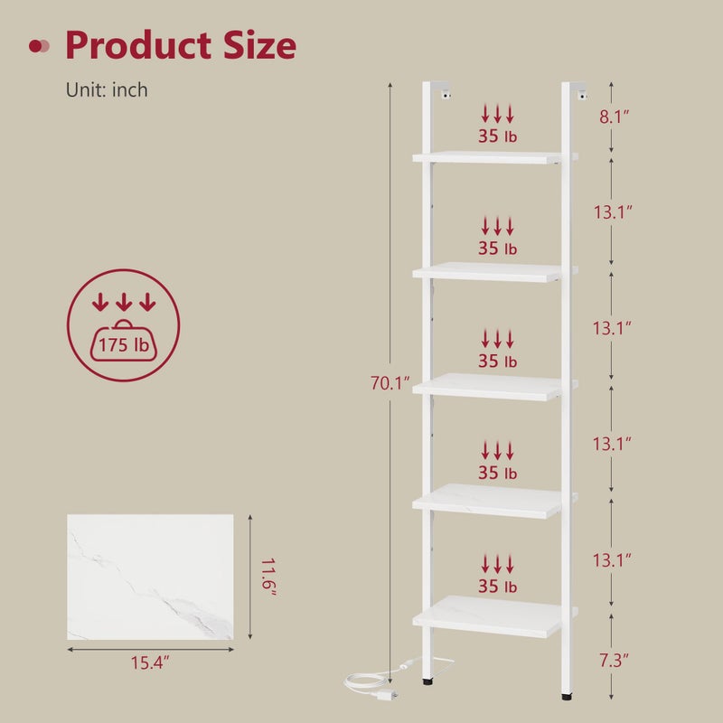Tajsoon 5 Tier Ladder Bookshelf with Light, Wall Mounted Book Shelf, Wooden Wall Mounted Ladder Bookshelf with Metal Frame, Industrial Ladder Shelf for Office, Living Room, Bedroom, White - Image 2