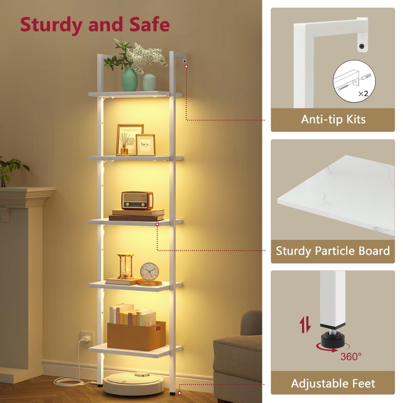 Tajsoon 5 Tier Ladder Bookshelf with Light, Wall Mounted Book Shelf, Wooden Wall Mounted Ladder Bookshelf with Metal Frame, Industrial Ladder Shelf for Office, Living Room, Bedroom, White - Image 5