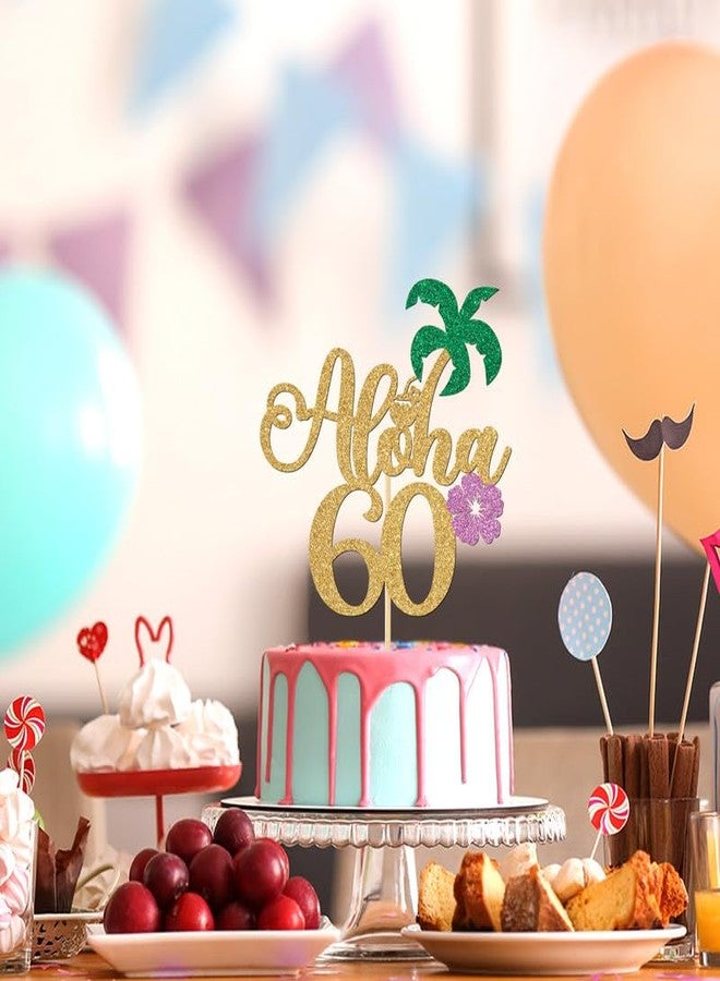 PYBHILK Gold Glitter Aloha 60 Cake Topper, Hello 60/Cheers to 60 Years/Happy 60th Birthday/Anniversay, Tropical Hawaiian Themed 60th Anniversary/Birthday Party Decorations - Image 4