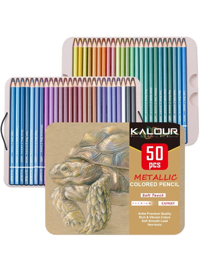 KALOUR 50 Piece Metallic Colored Pencils, Soft Core with Vibrant Color,Ideal for Drawing, Blending, Sketching, Shading, Coloring for Adults Kids Beginners