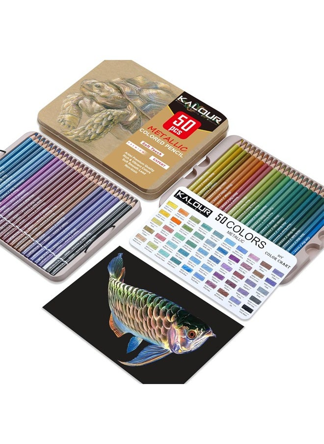 KALOUR 50 Piece Metallic Colored Pencils, Soft Core with Vibrant Color,Ideal for Drawing, Blending, Sketching, Shading, Coloring for Adults Kids Beginners
