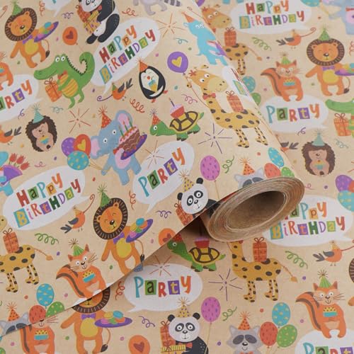 Aimyoo Safari Animals Kids Kraft Birthday Wrapping Paper Jumbo Roll Cute Happy Birthday Gift Wrap Paper 17 in x 32 ft - Image 1