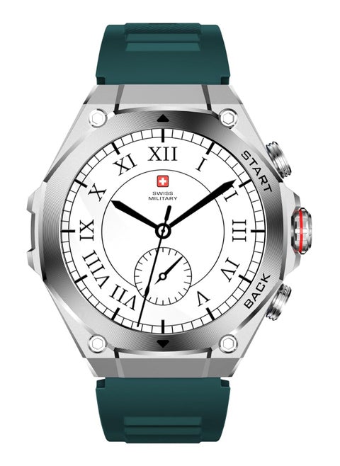 Swiss Military DOM6 Smartwatch 1.43" AMOLED, Bluetooth Calling, Multi Language, Health & Sports Tracking, Wireless Charging, 7 Days Battery, IP67, iOS/Android Compatible, Silver Frame with Green Strap