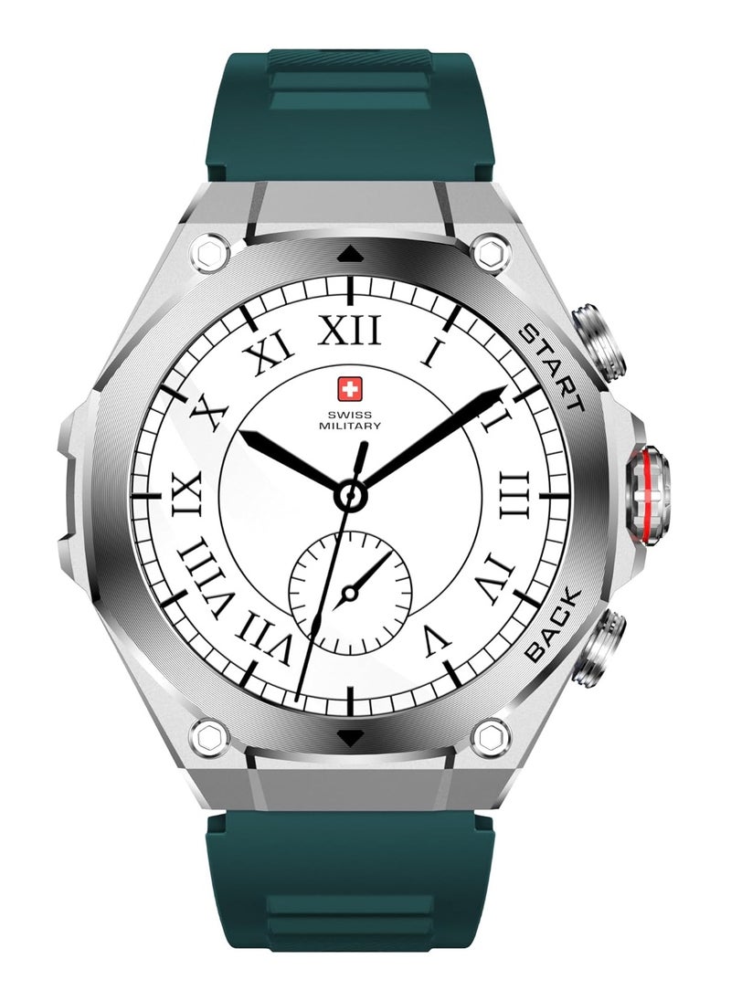 SWISS MILITARY - Swiss Military DOM6 Smartwatch 1.43" AMOLED, Bluetooth Calling, Multi Language, Health & Sports Tracking, Wireless Charging, 7 Days Battery, IP67, iOS/Android Compatible, Silver Frame with Green Strap - Image 1