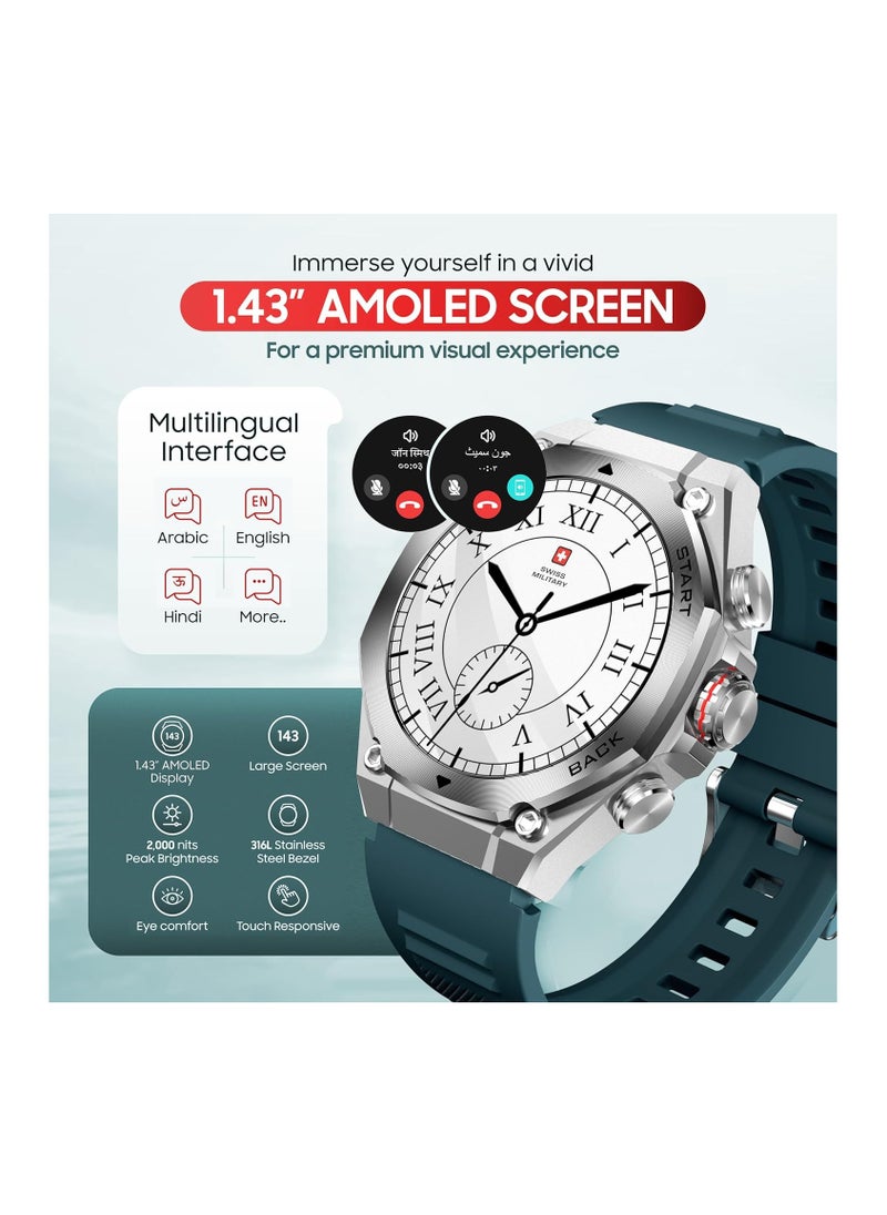 SWISS MILITARY - Swiss Military DOM6 Smartwatch 1.43" AMOLED, Bluetooth Calling, Multi Language, Health & Sports Tracking, Wireless Charging, 7 Days Battery, IP67, iOS/Android Compatible, Silver Frame with Green Strap - Image 1