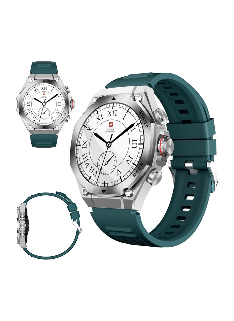 SWISS MILITARY - Swiss Military DOM6 Smartwatch 1.43" AMOLED, Bluetooth Calling, Multi Language, Health & Sports Tracking, Wireless Charging, 7 Days Battery, IP67, iOS/Android Compatible, Silver Frame with Green Strap - Image 1
