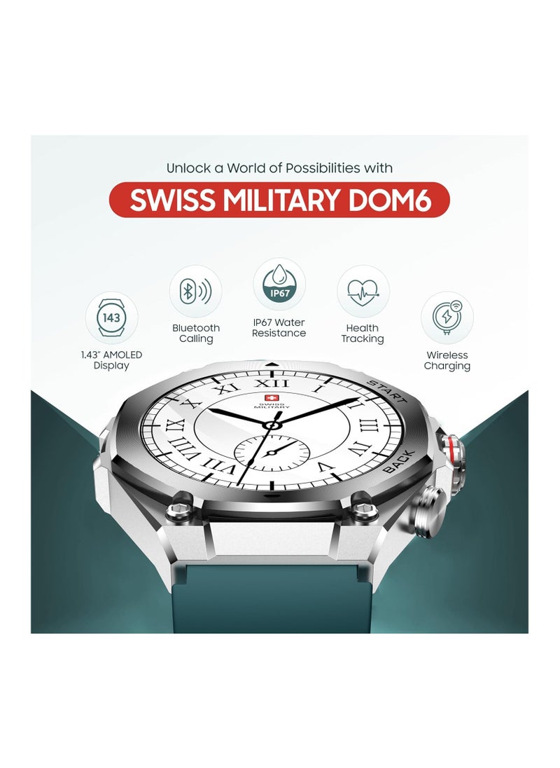 SWISS MILITARY - Swiss Military DOM6 Smartwatch 1.43" AMOLED, Bluetooth Calling, Multi Language, Health & Sports Tracking, Wireless Charging, 7 Days Battery, IP67, iOS/Android Compatible, Silver Frame with Green Strap - Image 1