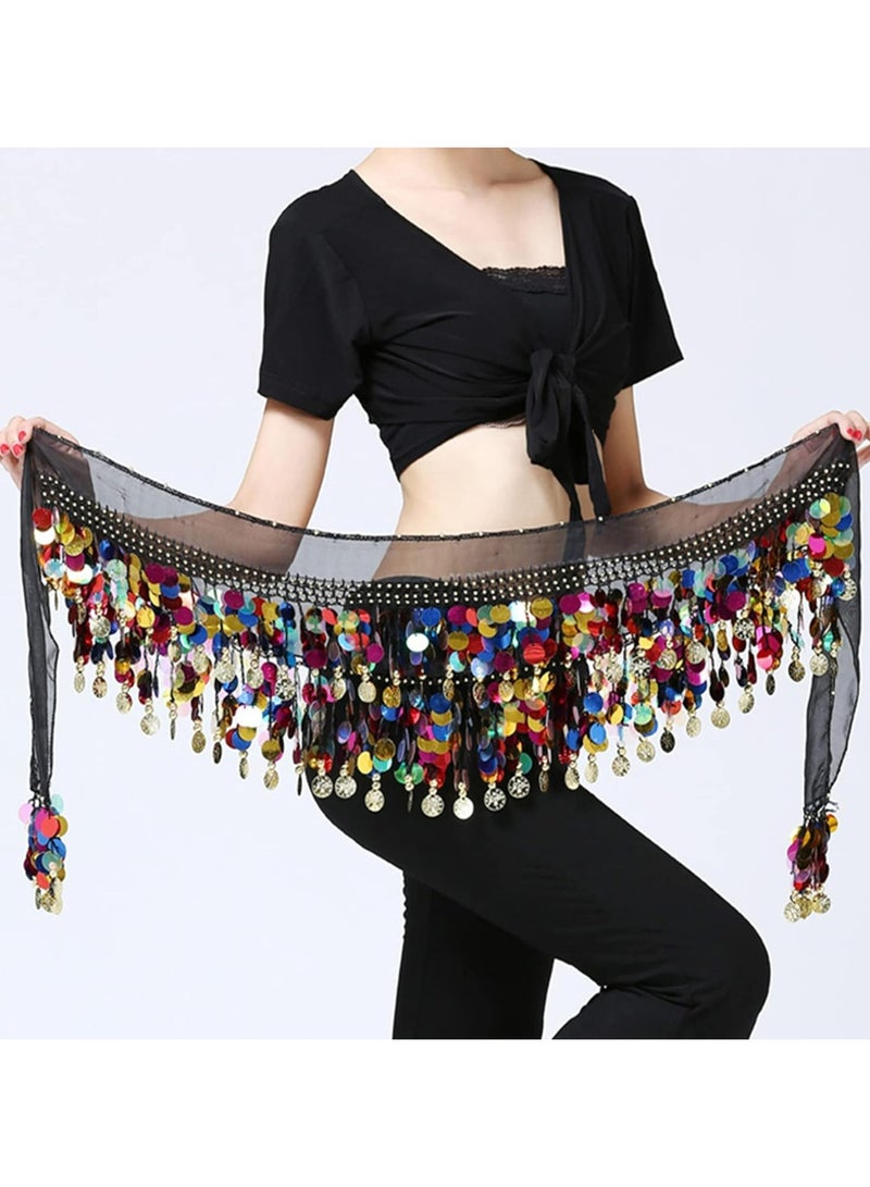 CMGTYYD Women Belly Dance Hip Scarf, Dancing Costumes 88 Colorful Gold Coins Hip Belt Skirt, Chiffon Dangling Belly Dance Waist Costume Belt for Women Girls  - Image 5