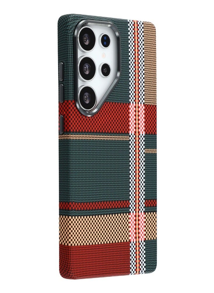 ICARLUS For Samsung Galaxy S25 Ultra Magnetic Case Water Transfer Printing Metal Frame PC Phone Back Cover - Checkered Red - Image 2