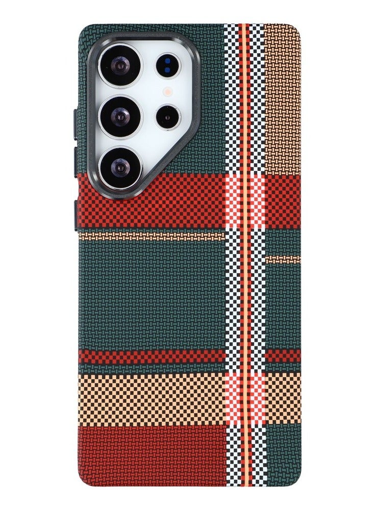 ICARLUS For Samsung Galaxy S25 Ultra Magnetic Case Water Transfer Printing Metal Frame PC Phone Back Cover - Checkered Red - Image 1