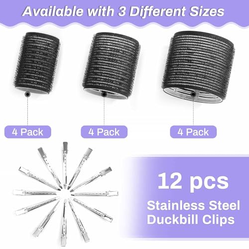 Spoken Self Grip Hair Rollers for Women Girls 24 Pcs Set with 12Pcs Heatless Hair Rollers 3 Sizes (4 Jumbo, 4 Large & 4 Medium) and 12 Pcs Hair Clips for Long Short Thick Fine Thin Hair Volume (Black) - Image 3