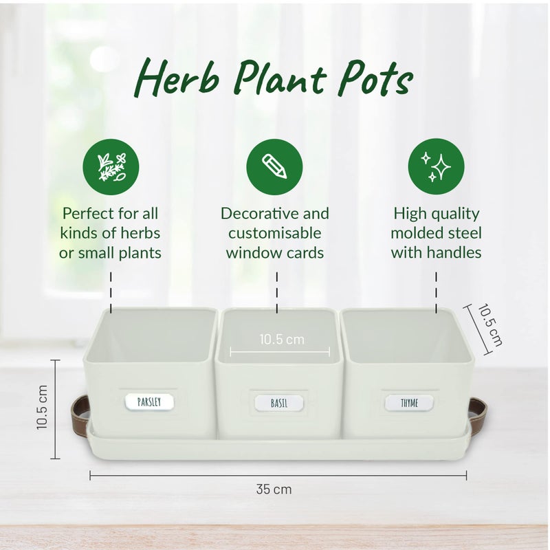volila Herb Planter Indoor - Set of 3 Warmstone Indoor Herb Garden Pots for Plants with Leather Handled Tray - Window Sill Plant Shelf - Herb Pots with Drainage Holes and Labels - Image 2