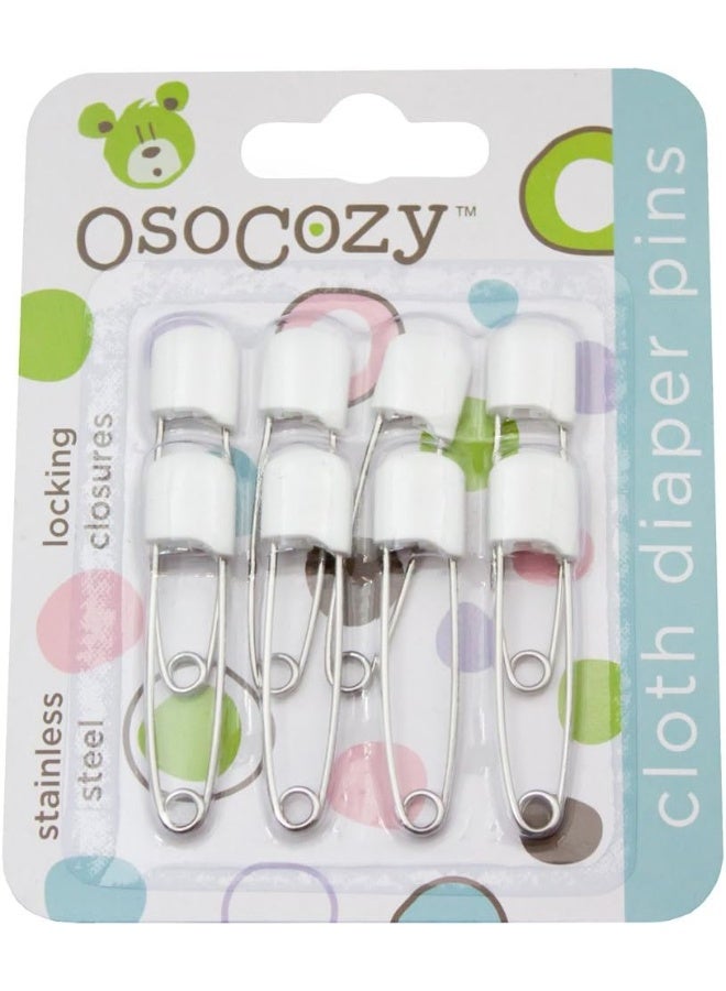 OsoCozy Diaper Pins - {White} - Sturdy, Stainless Steel Diaper Pins with Safe Locking Closures - Use for Special Events, Crafts or Colorful Laundry Pins , 8 Count (Pack of 1) - Image 1
