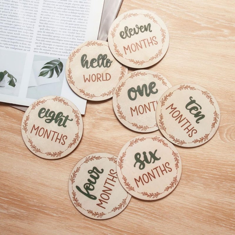 Odluzy 7 Pcs Baby Monthly Milestone Cards Sign, Double-Sided Engraved Discs for Baby Announcement and Milestones, Baby Neutral Monthly Milestone Card, Light Wood, Double Sided - Image 3