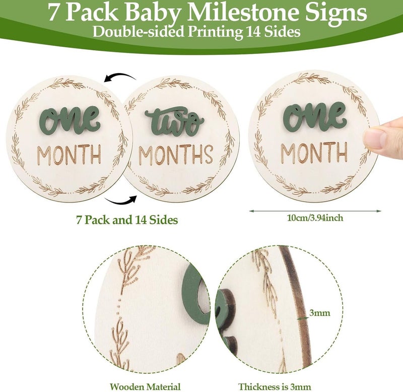 Odluzy 7 Pcs Baby Monthly Milestone Cards Sign, Double-Sided Engraved Discs for Baby Announcement and Milestones, Baby Neutral Monthly Milestone Card, Light Wood, Double Sided - Image 2
