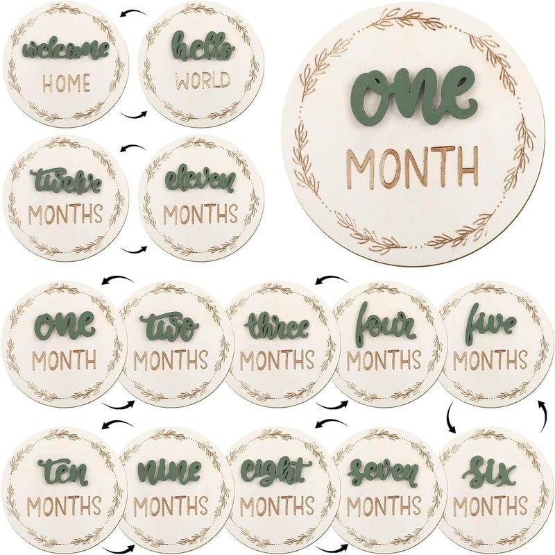 Odluzy 7 Pcs Baby Monthly Milestone Cards Sign, Double-Sided Engraved Discs for Baby Announcement and Milestones, Baby Neutral Monthly Milestone Card, Light Wood, Double Sided - Image 1