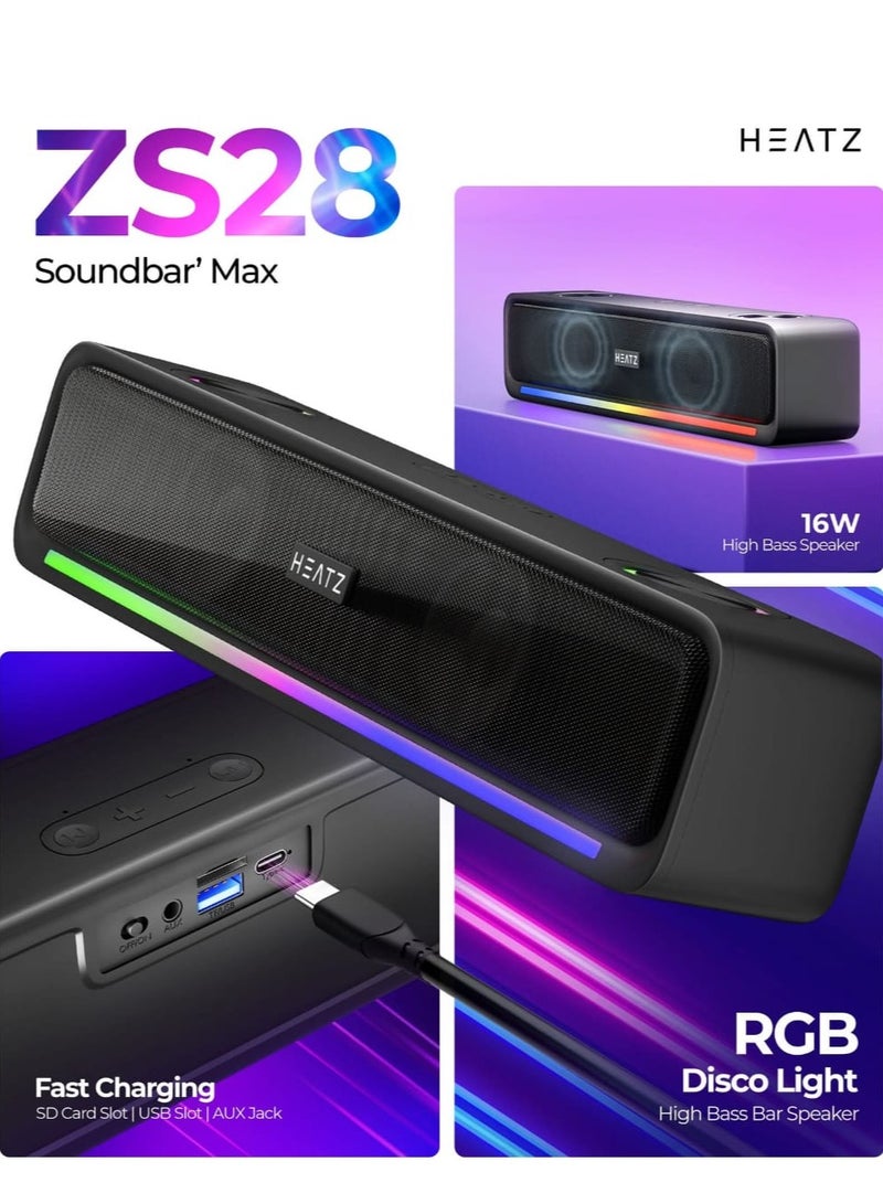 هيتز سماعة بلوتوث محمولة ساوند بار ماكس – 16 واط صوت جهير عالي وستيريو، مزودة بإضاءة RGB ديسكو، دعم الاقتران عبر TWS، شحن سريع، دعم بطاقة SD، USB ومدخل AUX – اللون: أسود - Image 4