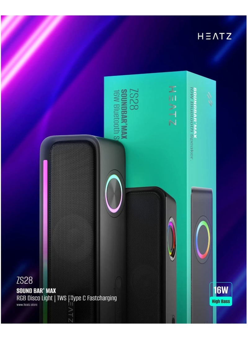 هيتز سماعة بلوتوث محمولة ساوند بار ماكس – 16 واط صوت جهير عالي وستيريو، مزودة بإضاءة RGB ديسكو، دعم الاقتران عبر TWS، شحن سريع، دعم بطاقة SD، USB ومدخل AUX – اللون: أسود - Image 5