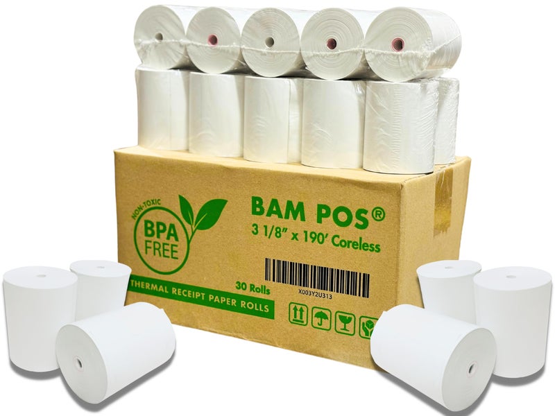 BAM POS 3 1/8" x 190' Thermal Receipt Paper Rolls For Most POS Systems and Receipt Printers, Compatible With Clover Station, Square Station, Toast Station, TM-T88, TSP Series (30 Rolls) - Image 2