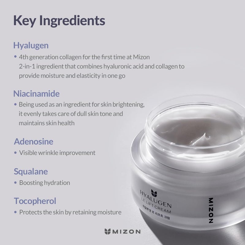 MIZON Hyalugen Le Lift Cream with Hyaluronic Acid and Marine Collagen Deep Hydration Total Care Youthful Skin Revitalizing Korean Skincare (1.69 oz) - Image 3
