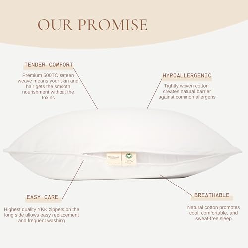 Makemake Organics Organic Cotton Pillow Protector (Set of 2) GOTS Certified Organic Pillow Cases Zippered Breathable Barrier Fits Standard (20x26, Pearl White) - Image 2